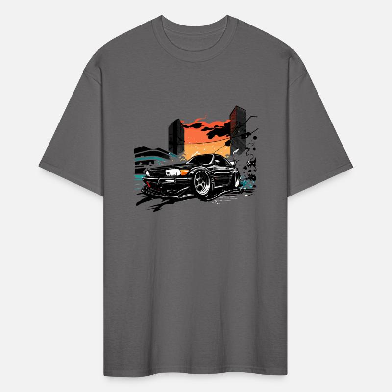 Customized car with luxury rims and city sunset