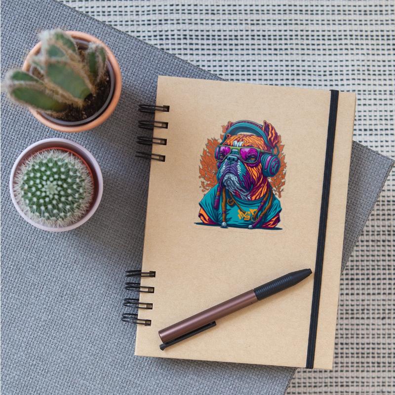 Dog as rapper, wearing headphones