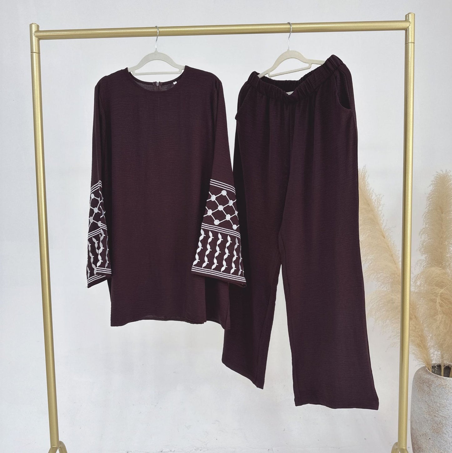 Turkey Embroidery Top Wide Leg Pants 2 Piece Set