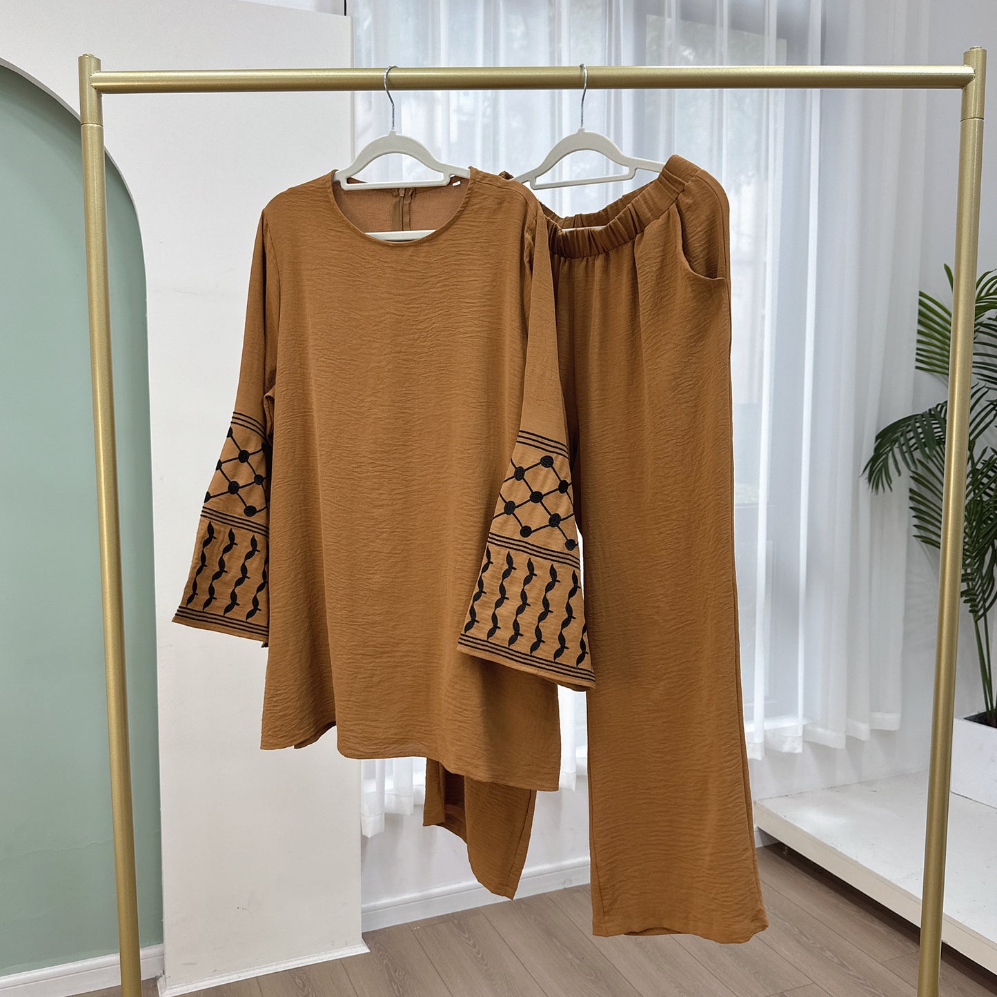 Turkey Embroidery Top Wide Leg Pants 2 Piece Set