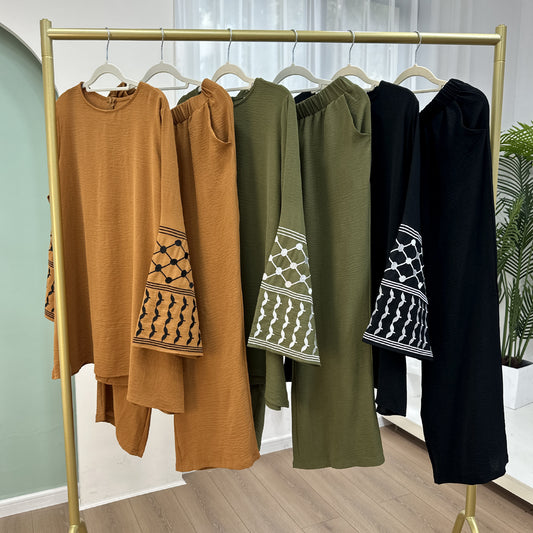 Turkey Embroidery Top Wide Leg Pants 2 Piece Set