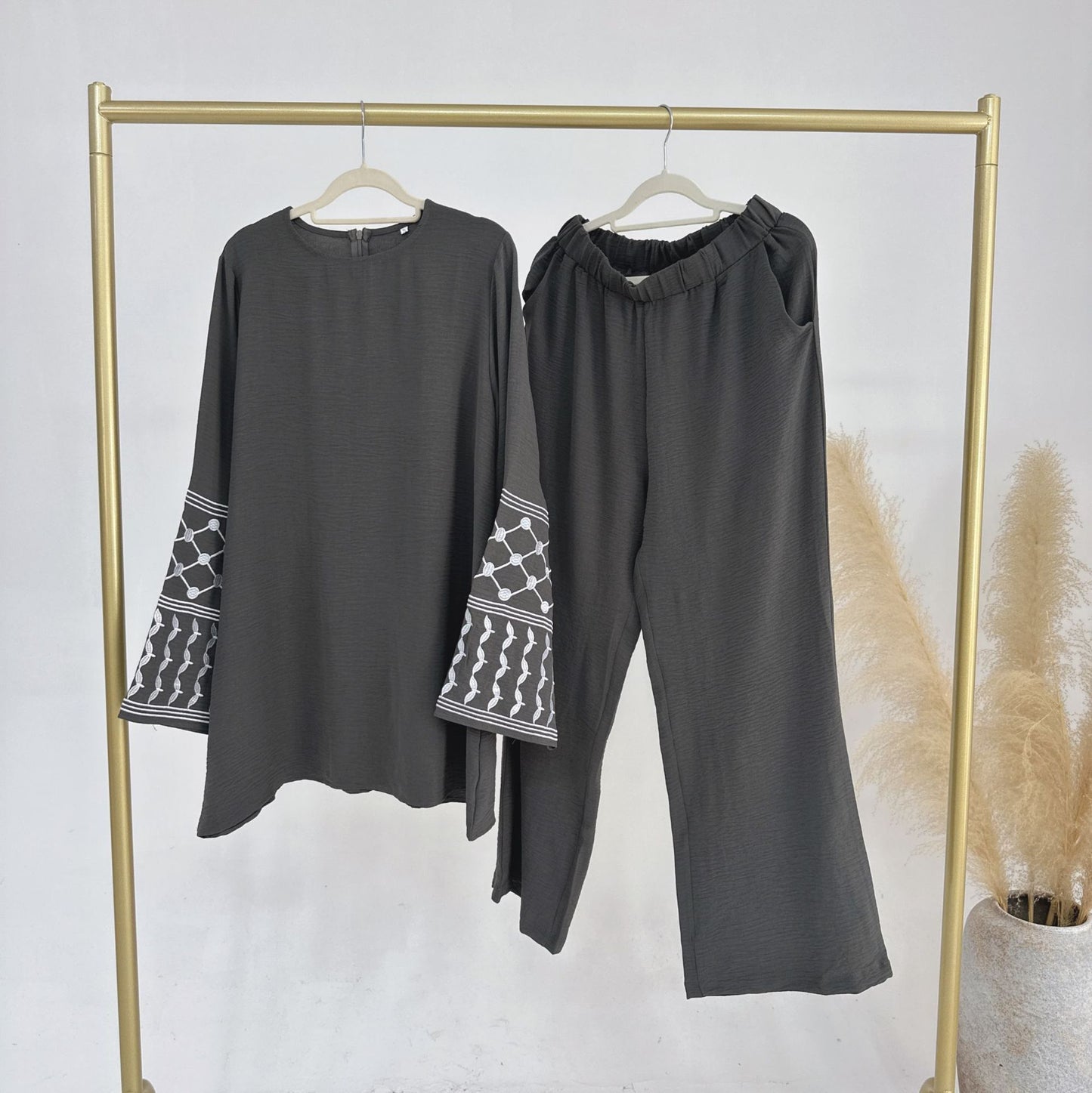 Turkey Embroidery Top Wide Leg Pants 2 Piece Set