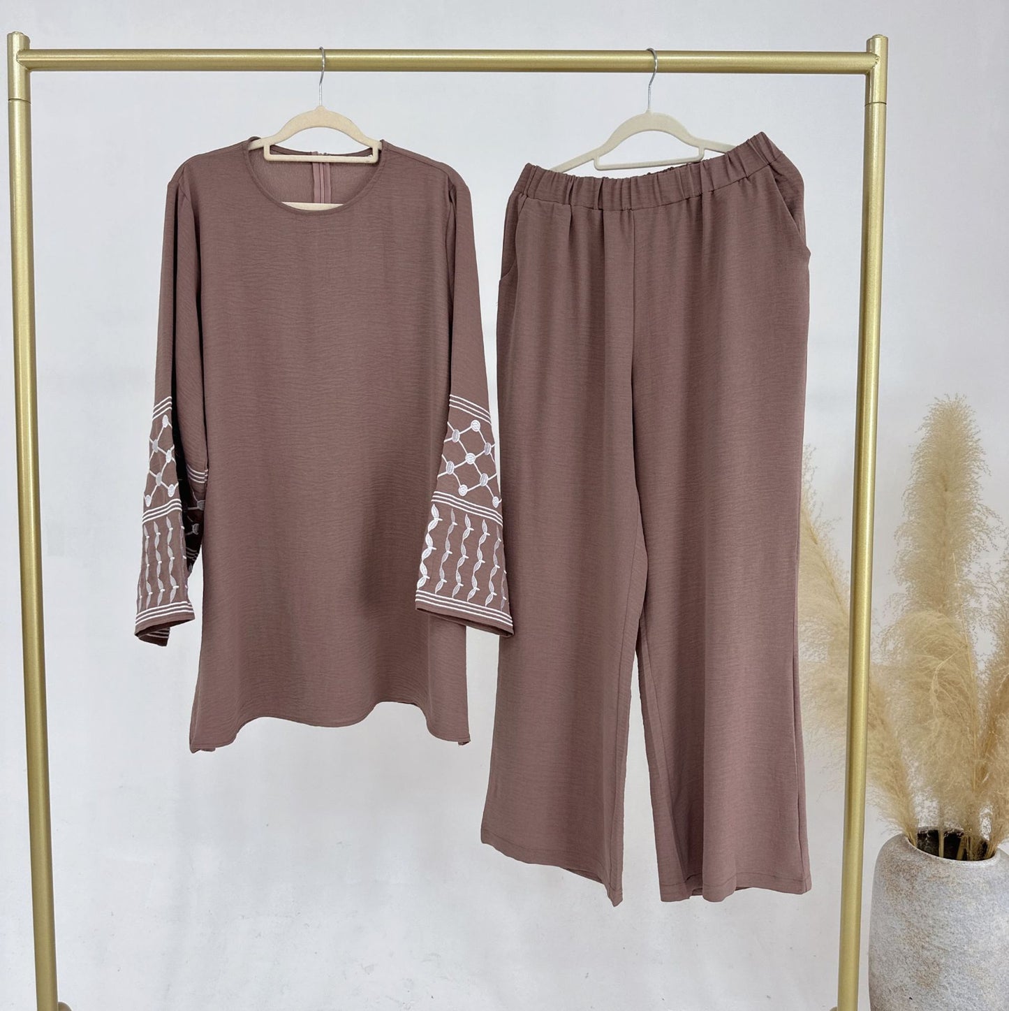 Turkey Embroidery Top Wide Leg Pants 2 Piece Set