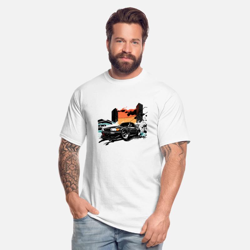 Customized car with luxury rims and city sunset