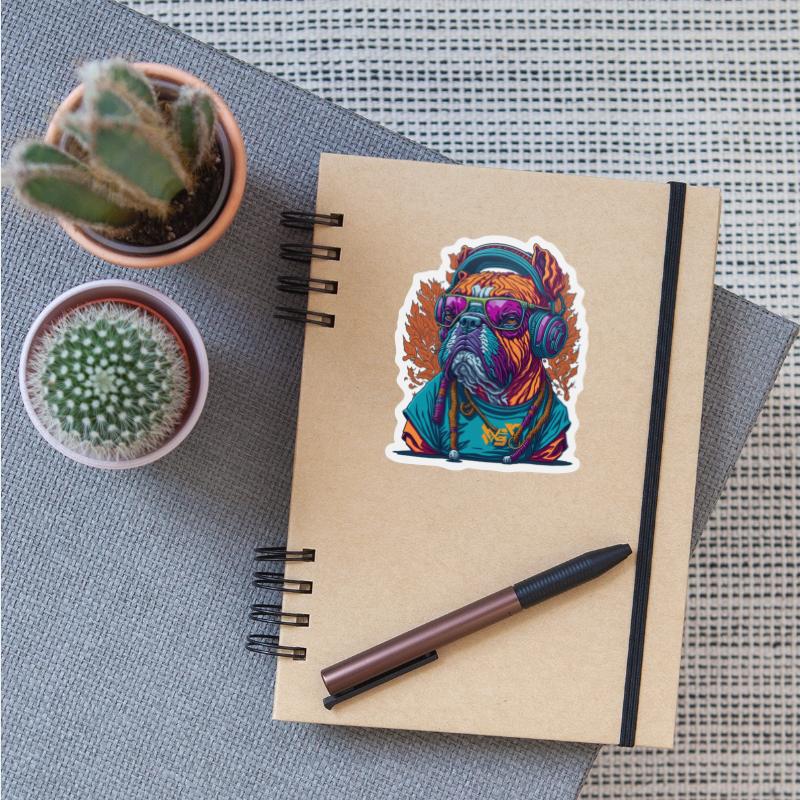 Dog as rapper, wearing headphones