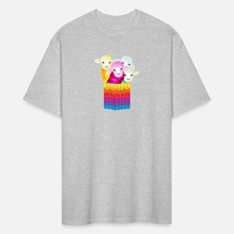 four colorful sheep with wool and knitting needles