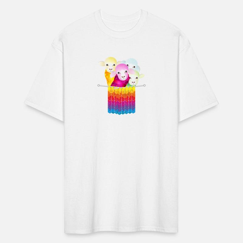 four colorful sheep with wool and knitting needles