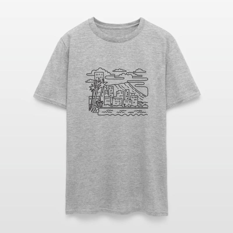 Waikiki Beach Diamond Head Hawaii Mono Line Art